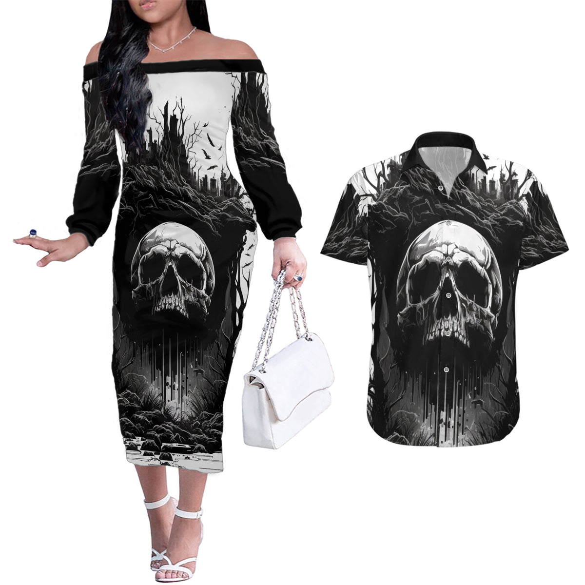 If I Stand Alone I Know I'm With Someone I Can Trust Skull Couples Matching Off The Shoulder Long Sleeve Dress and Hawaiian Shirt - Wonder Print Shop