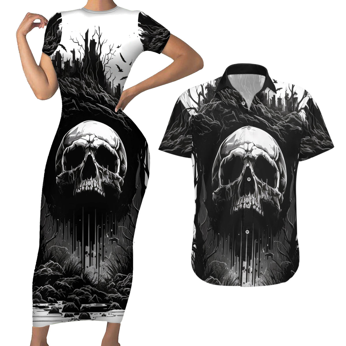 If I Stand Alone I Know I'm With Someone I Can Trust Skull Couples Matching Short Sleeve Bodycon Dress and Hawaiian Shirt - Wonder Print Shop
