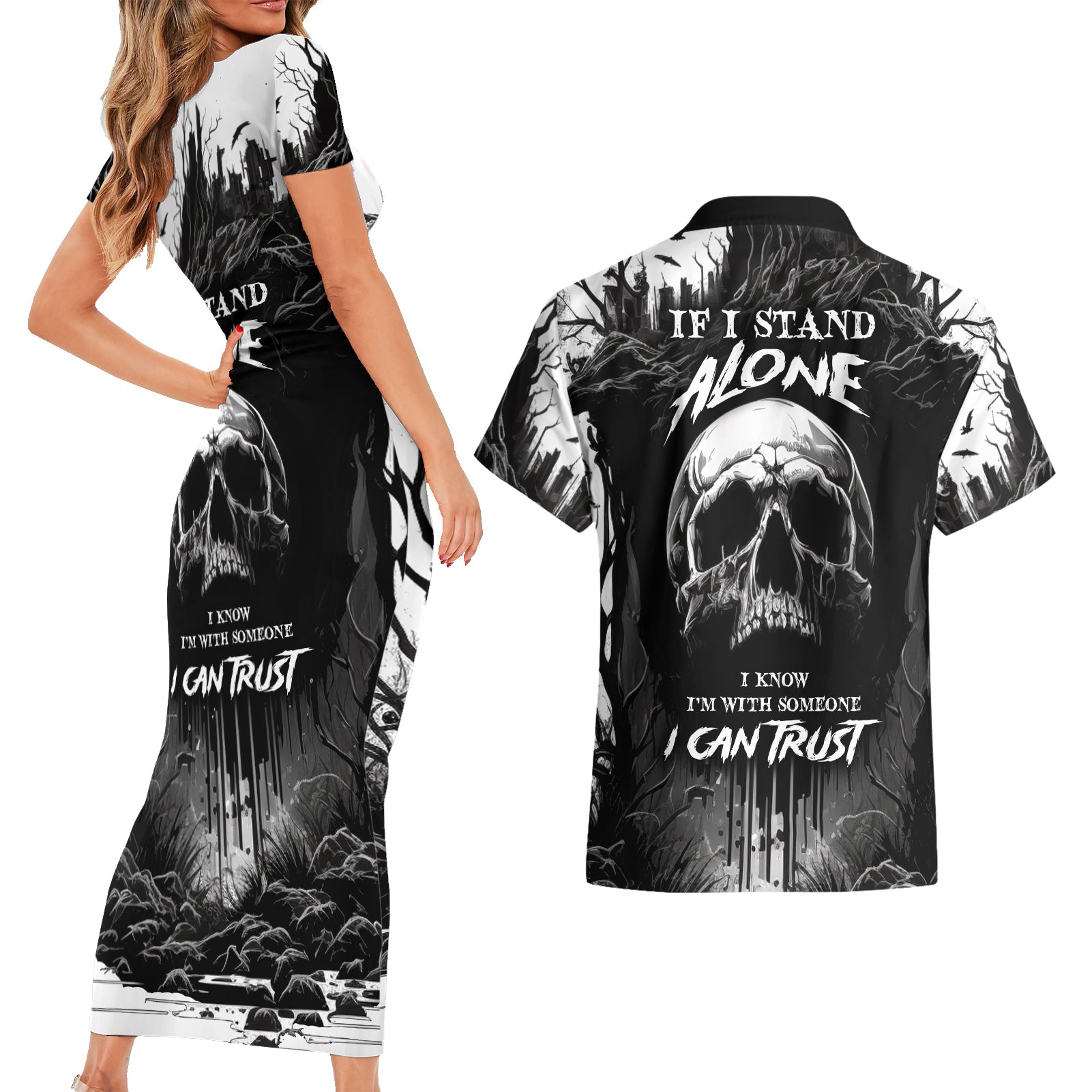 If I Stand Alone I Know I'm With Someone I Can Trust Skull Couples Matching Short Sleeve Bodycon Dress and Hawaiian Shirt - Wonder Print Shop