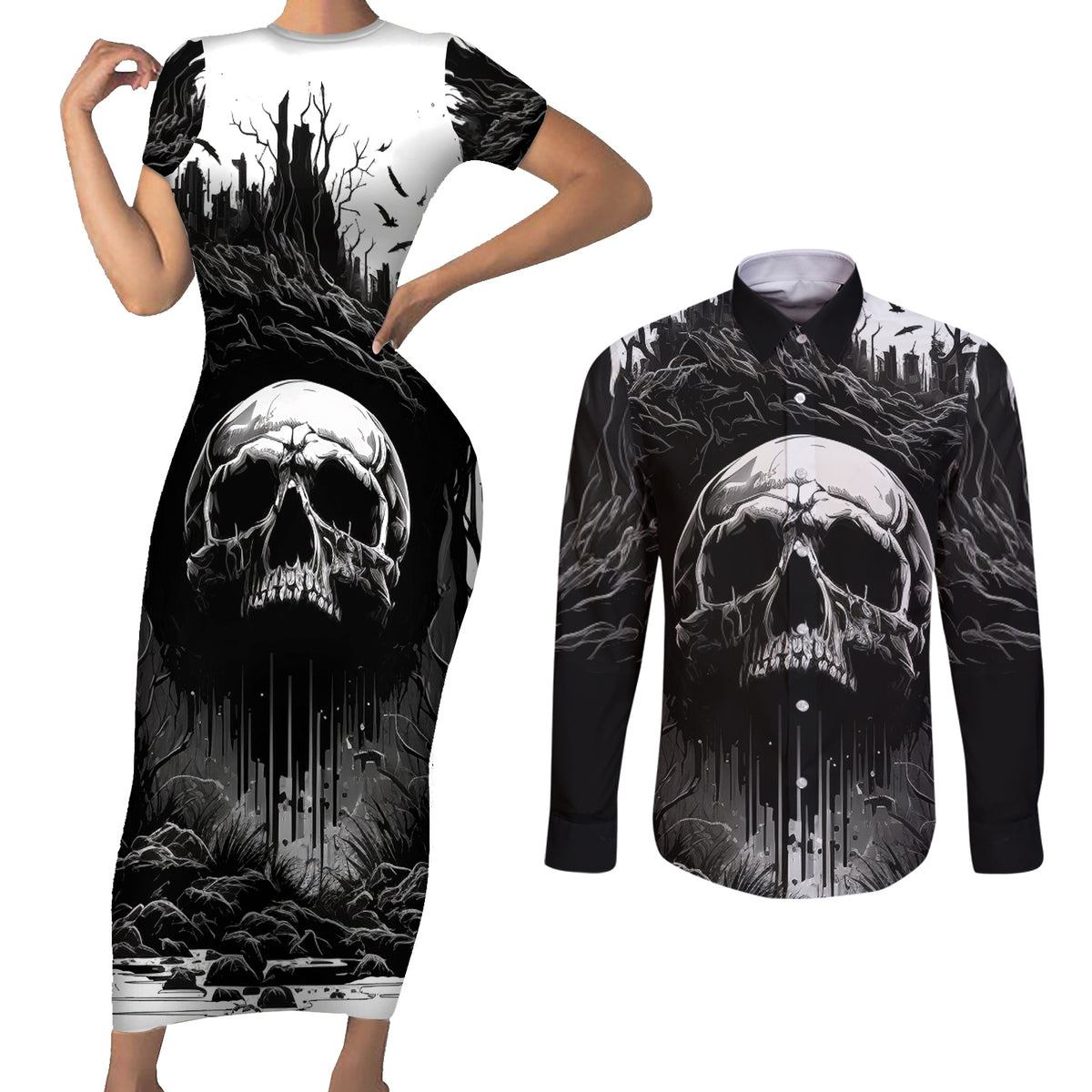 If I Stand Alone I Know I'm With Someone I Can Trust Skull Couples Matching Short Sleeve Bodycon Dress and Long Sleeve Button Shirts - Wonder Print Shop