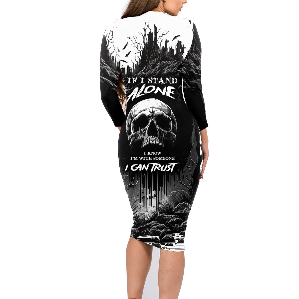 If I Stand Alone I Know I'm With Someone I Can Trust Skull Family Matching Long Sleeve Bodycon Dress and Hawaiian Shirt - Wonder Print Shop