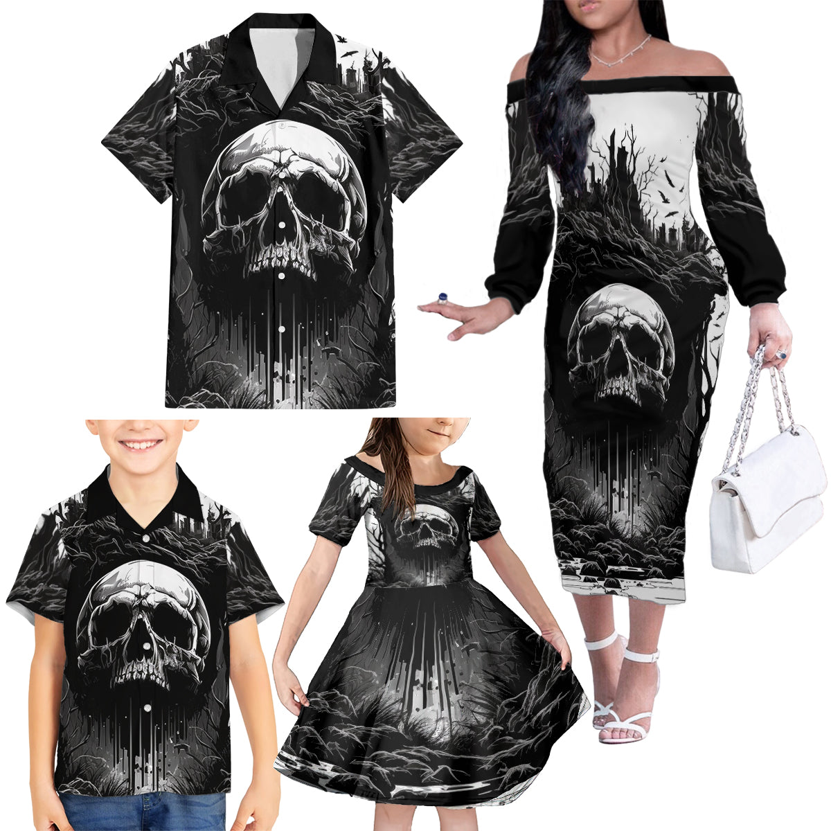 If I Stand Alone I Know I'm With Someone I Can Trust Skull Family Matching Off Shoulder Long Sleeve Dress and Hawaiian Shirt - Wonder Print Shop