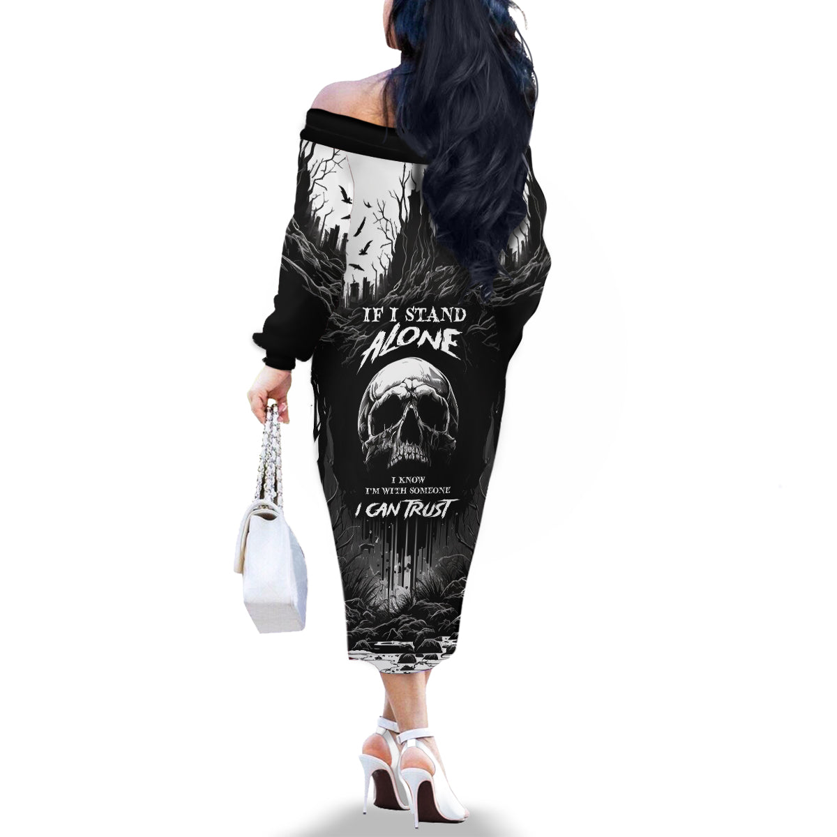 If I Stand Alone I Know I'm With Someone I Can Trust Skull Family Matching Off Shoulder Long Sleeve Dress and Hawaiian Shirt - Wonder Print Shop