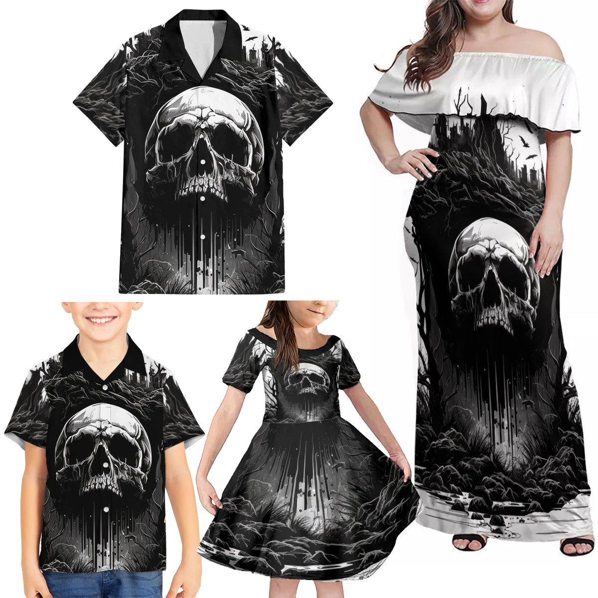 If I Stand Alone I Know I'm With Someone I Can Trust Skull Family Matching Off Shoulder Maxi Dress and Hawaiian Shirt - Wonder Print Shop