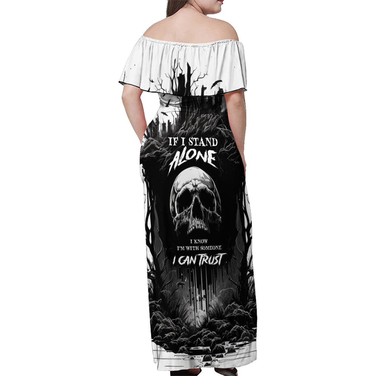 If I Stand Alone I Know I'm With Someone I Can Trust Skull Family Matching Off Shoulder Maxi Dress and Hawaiian Shirt - Wonder Print Shop