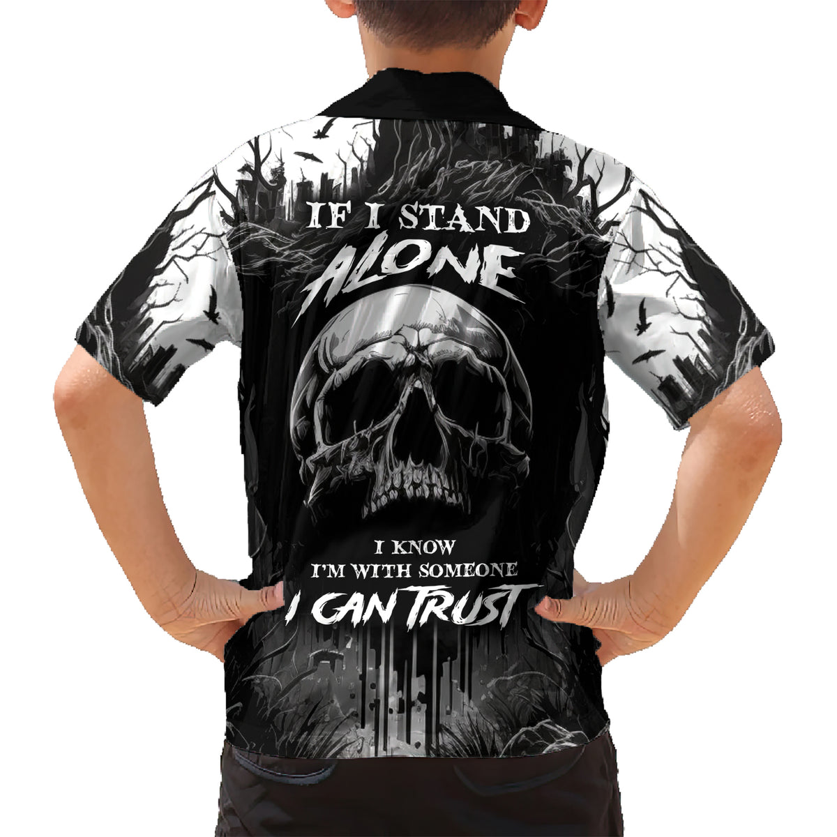 If I Stand Alone I Know I'm With Someone I Can Trust Skull Family Matching Short Sleeve Bodycon Dress and Hawaiian Shirt - Wonder Print Shop