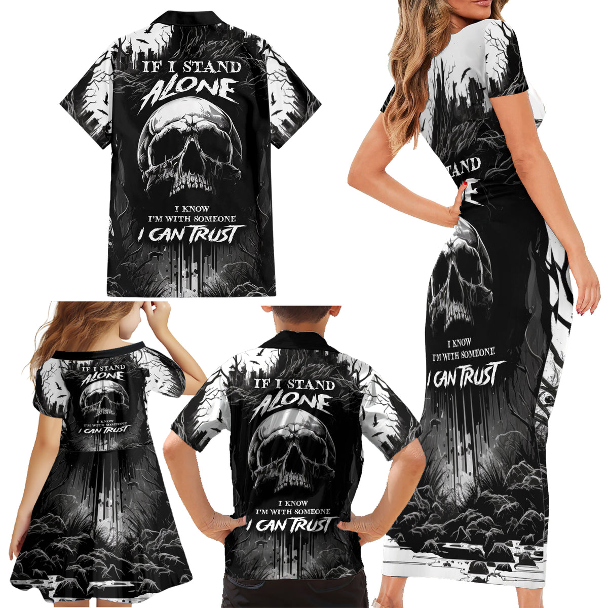 If I Stand Alone I Know I'm With Someone I Can Trust Skull Family Matching Short Sleeve Bodycon Dress and Hawaiian Shirt - Wonder Print Shop