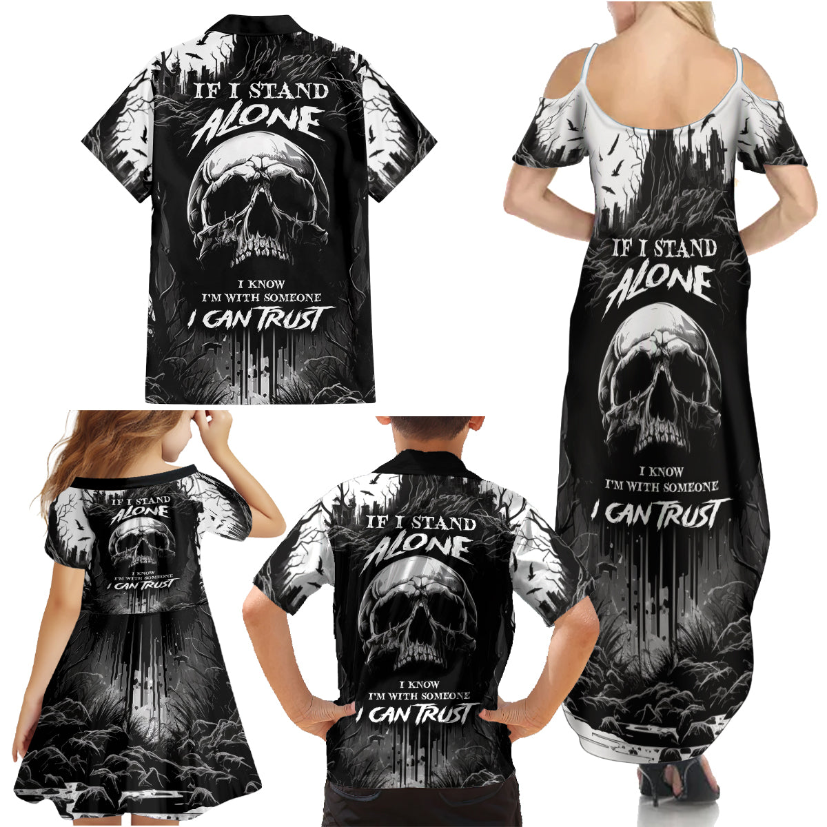 If I Stand Alone I Know I'm With Someone I Can Trust Skull Family Matching Summer Maxi Dress and Hawaiian Shirt - Wonder Print Shop