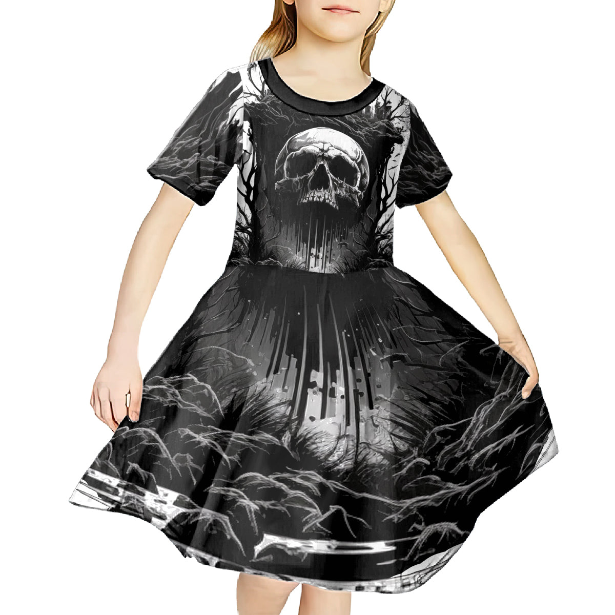 If I Stand Alone I Know I'm With Someone I Can Trust Skull Kid Short Sleeve Dress - Wonder Print Shop