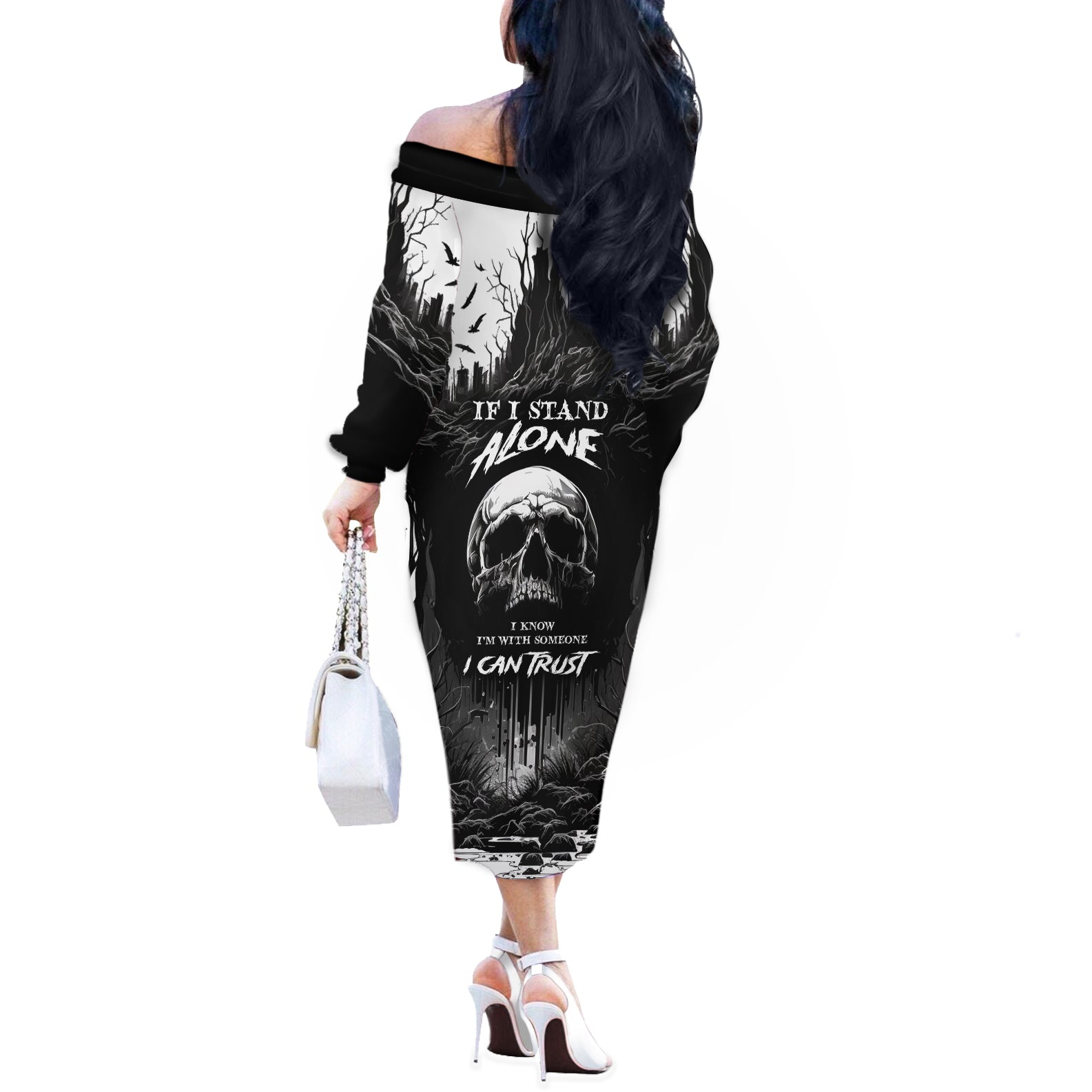 If I Stand Alone I Know I'm With Someone I Can Trust Skull Off The Shoulder Long Sleeve Dress - Wonder Print Shop