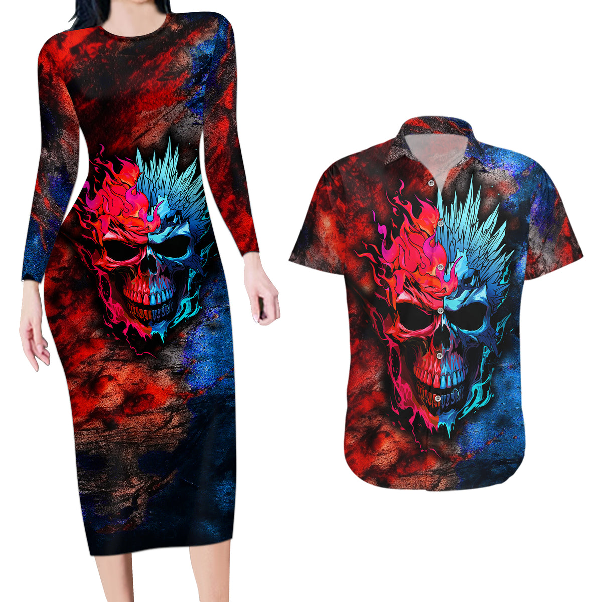 Be Careful Skull Couples Matching Long Sleeve Bodycon Dress and Hawaiian Shirt - Wonder Print Shop