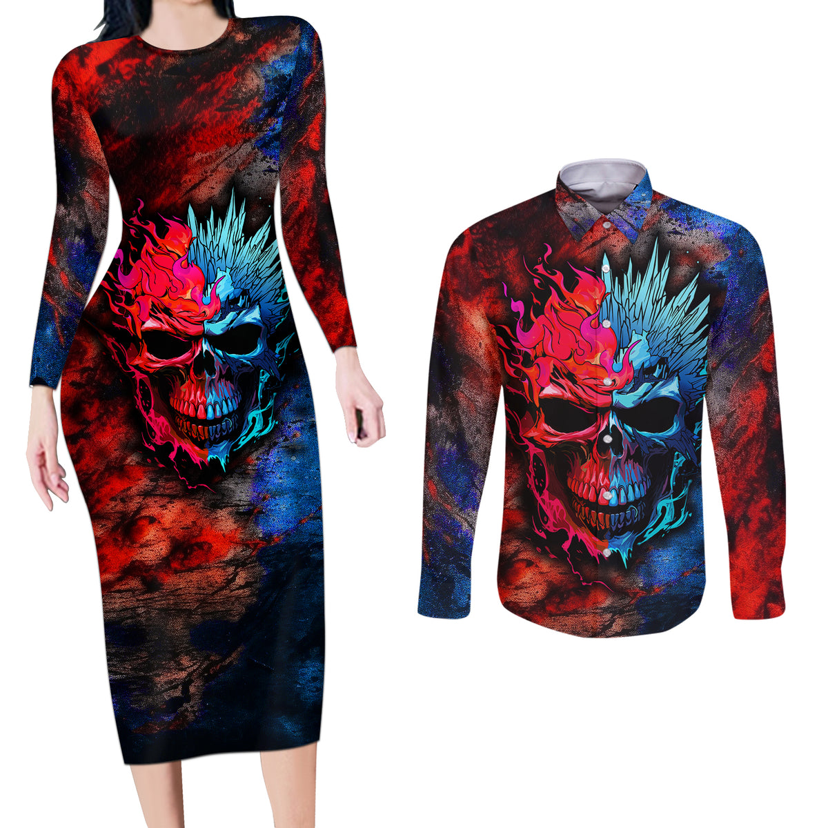 Be Careful Skull Couples Matching Long Sleeve Bodycon Dress and Long Sleeve Button Shirts - Wonder Print Shop