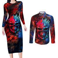 Be Careful Skull Couples Matching Long Sleeve Bodycon Dress and Long Sleeve Button Shirts - Wonder Print Shop