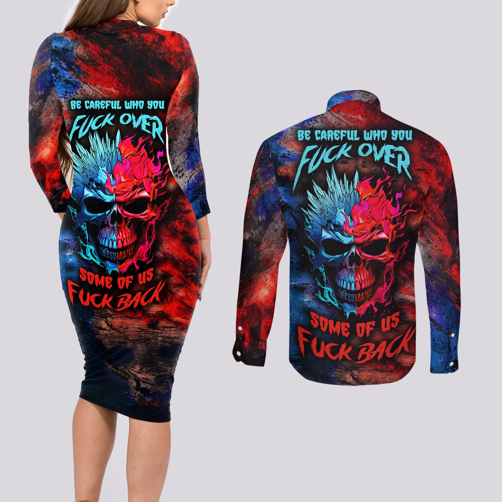 Be Careful Skull Couples Matching Long Sleeve Bodycon Dress and Long Sleeve Button Shirts - Wonder Print Shop