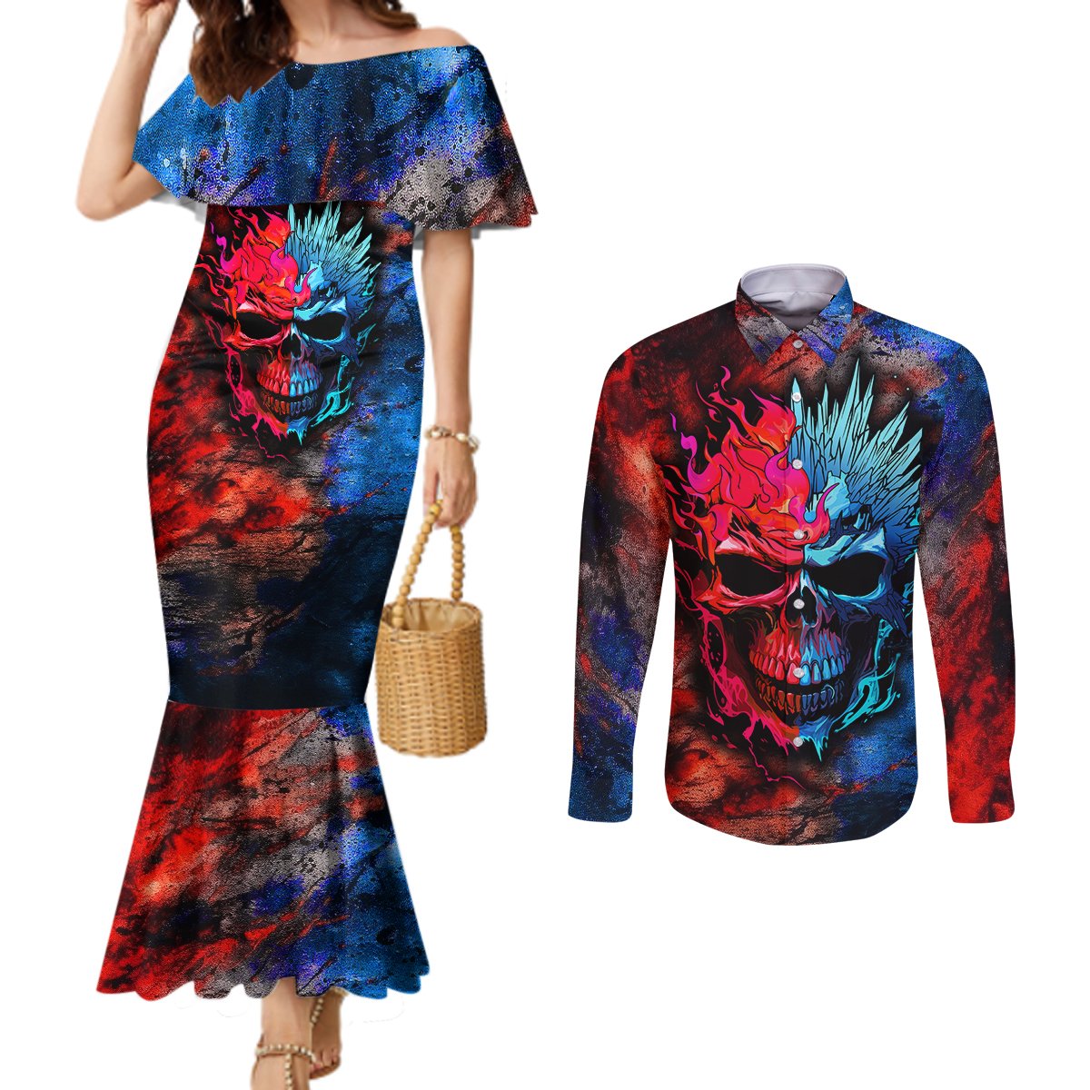 be-careful-skull-couples-matching-mermaid-dress-and-long-sleeve-button-shirts