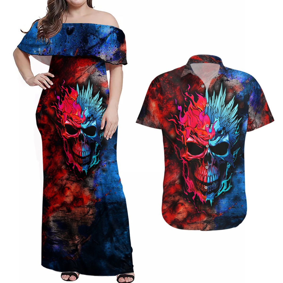 Be Careful Skull Couples Matching Off Shoulder Maxi Dress and Hawaiian Shirt - Wonder Print Shop
