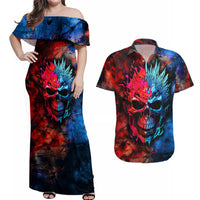 Be Careful Skull Couples Matching Off Shoulder Maxi Dress and Hawaiian Shirt - Wonder Print Shop