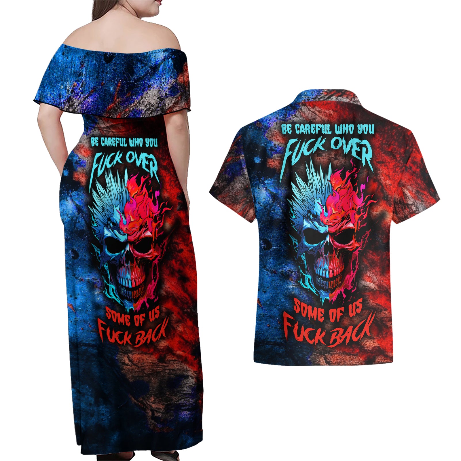 Be Careful Skull Couples Matching Off Shoulder Maxi Dress and Hawaiian Shirt - Wonder Print Shop