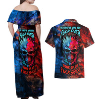Be Careful Skull Couples Matching Off Shoulder Maxi Dress and Hawaiian Shirt - Wonder Print Shop