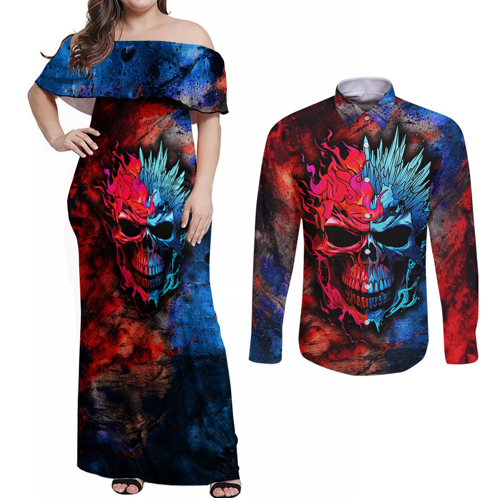 Be Careful Skull Couples Matching Off Shoulder Maxi Dress and Long Sleeve Button Shirts - Wonder Print Shop