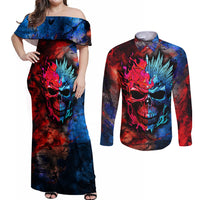 Be Careful Skull Couples Matching Off Shoulder Maxi Dress and Long Sleeve Button Shirts - Wonder Print Shop