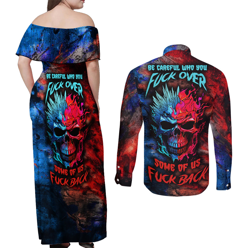Be Careful Skull Couples Matching Off Shoulder Maxi Dress and Long Sleeve Button Shirts - Wonder Print Shop