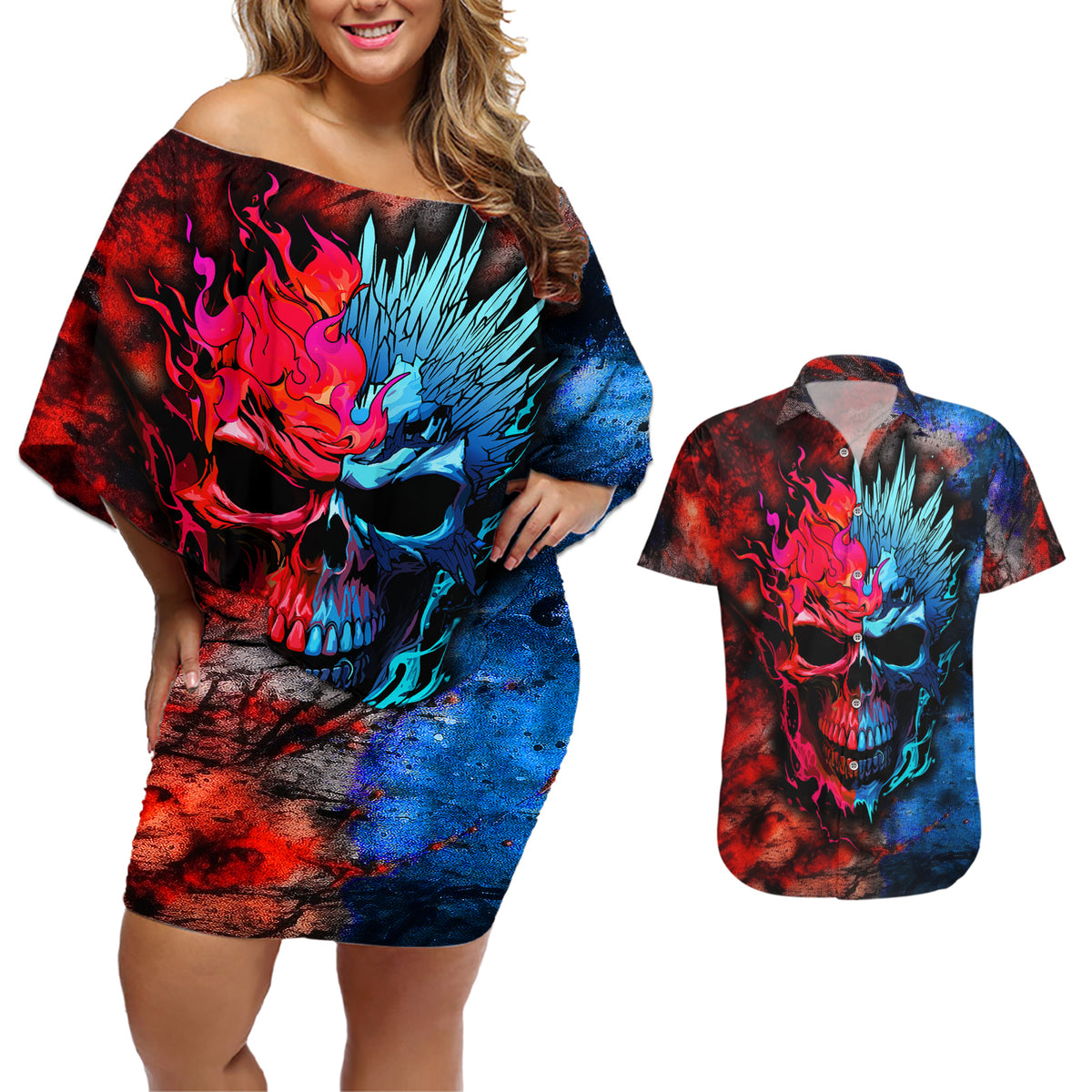 Be Careful Skull Couples Matching Off Shoulder Short Dress and Hawaiian Shirt - Wonder Print Shop