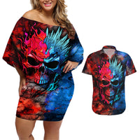 Be Careful Skull Couples Matching Off Shoulder Short Dress and Hawaiian Shirt - Wonder Print Shop