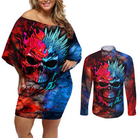 Be Careful Skull Couples Matching Off Shoulder Short Dress and Long Sleeve Button Shirts - Wonder Print Shop