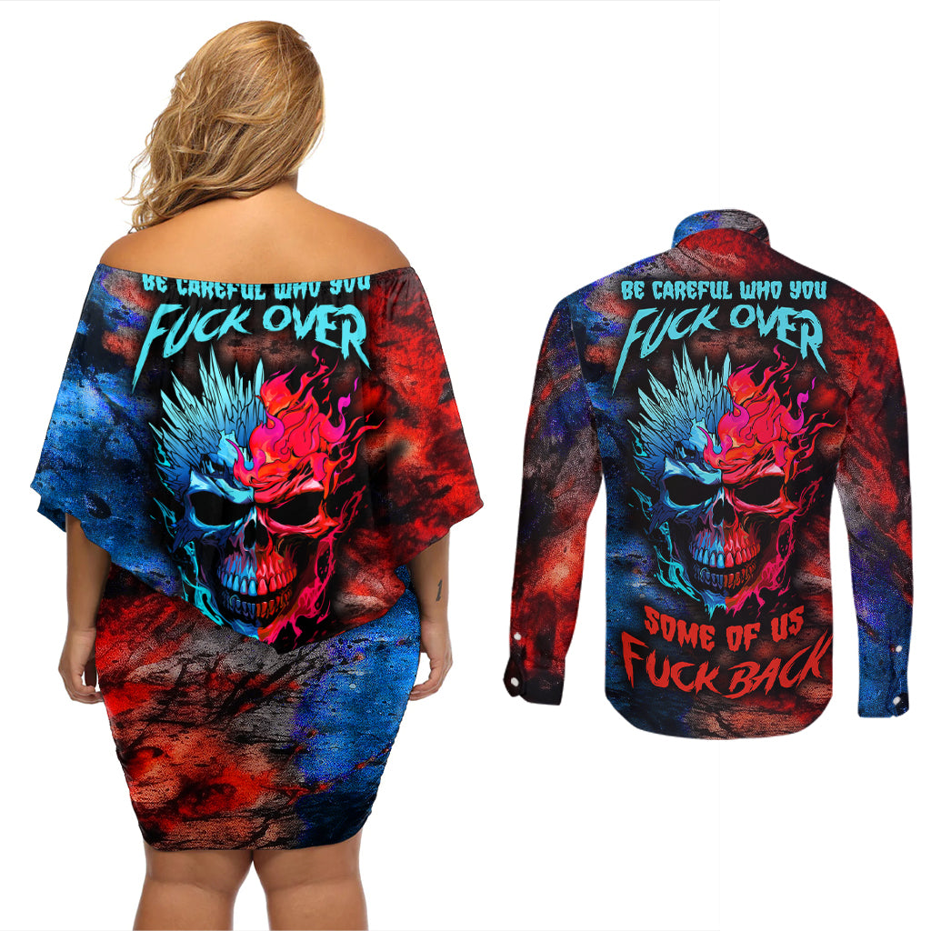 Be Careful Skull Couples Matching Off Shoulder Short Dress and Long Sleeve Button Shirts - Wonder Print Shop