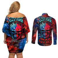 Be Careful Skull Couples Matching Off Shoulder Short Dress and Long Sleeve Button Shirts - Wonder Print Shop