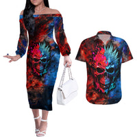 Be Careful Skull Couples Matching Off The Shoulder Long Sleeve Dress and Hawaiian Shirt - Wonder Print Shop