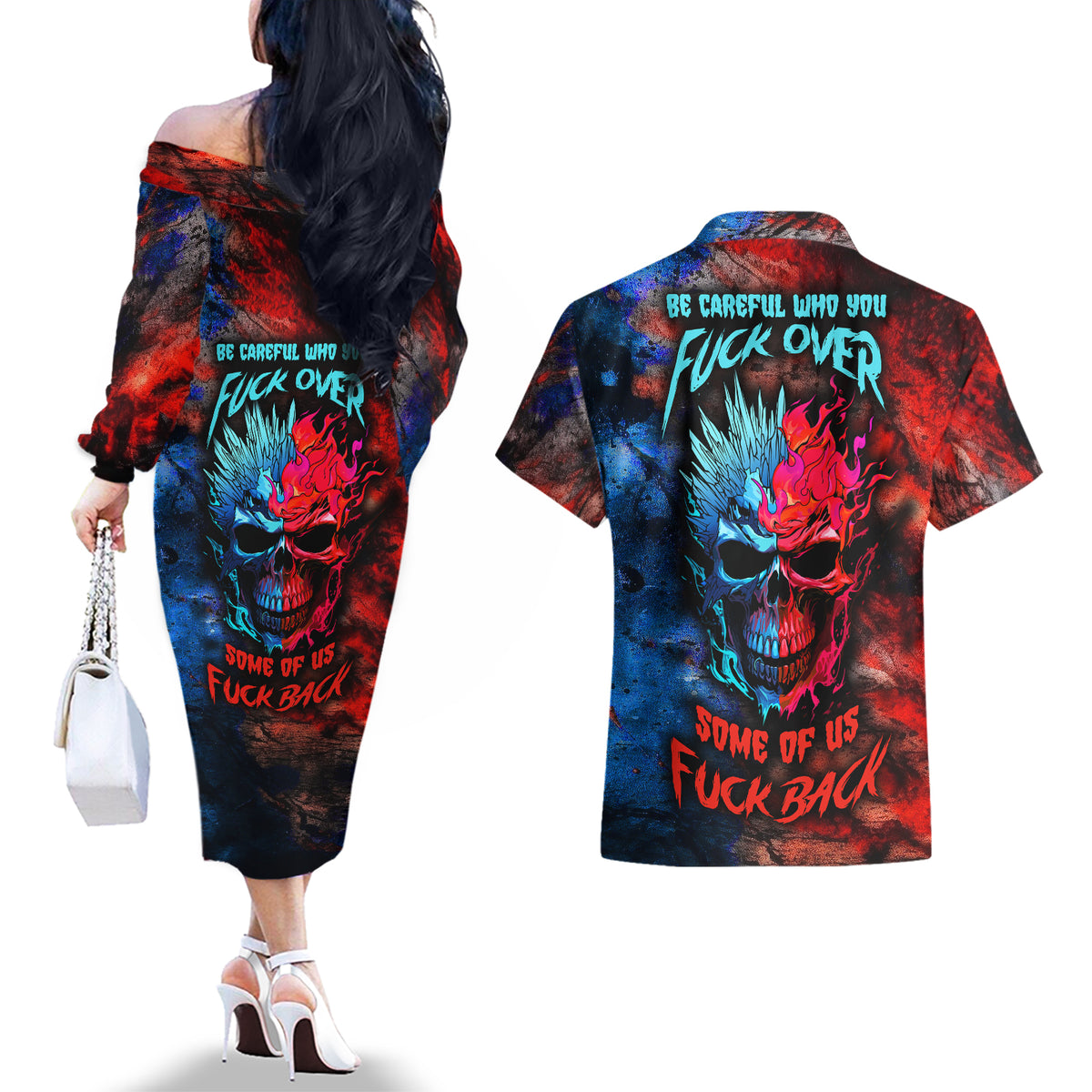 Be Careful Skull Couples Matching Off The Shoulder Long Sleeve Dress and Hawaiian Shirt - Wonder Print Shop