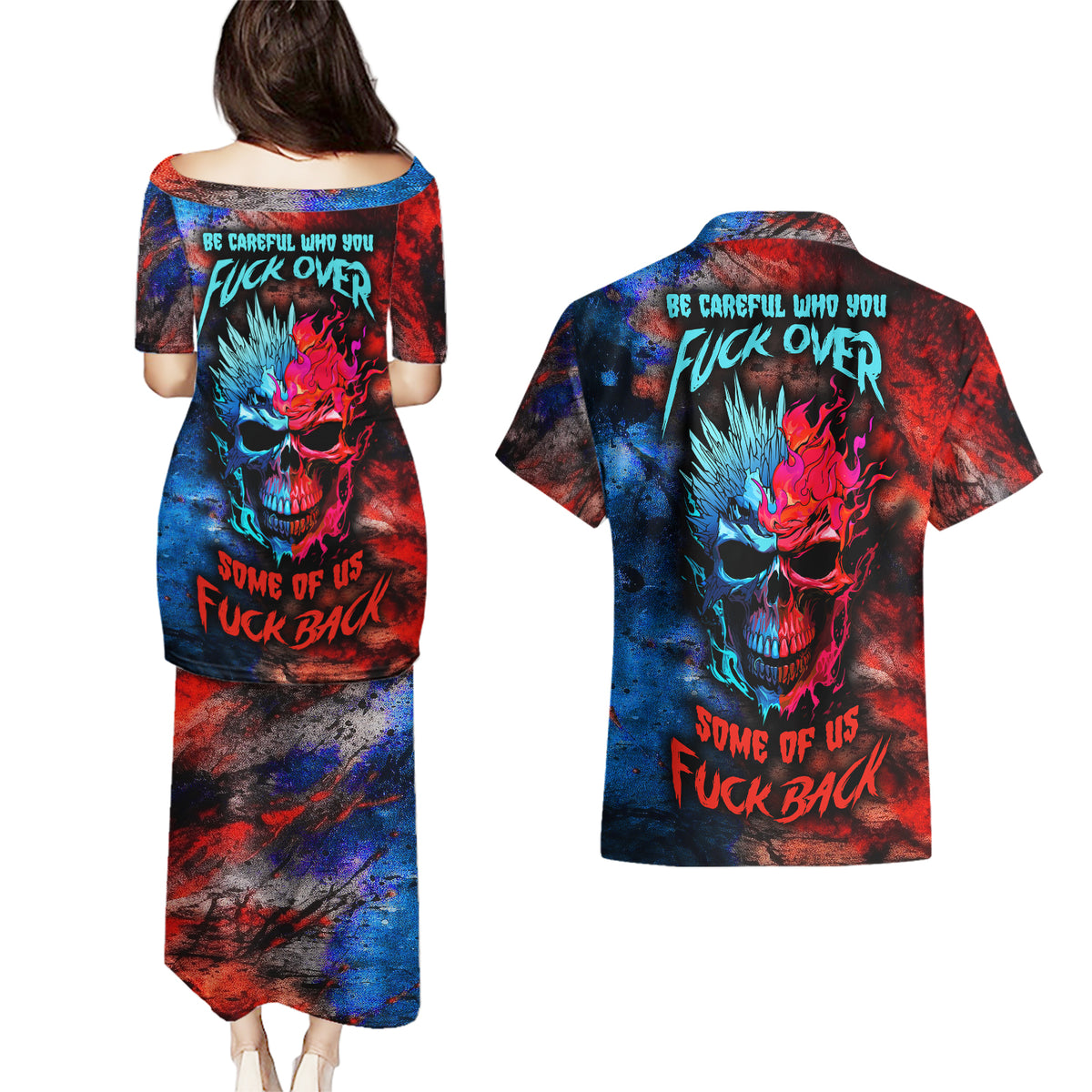 Be Careful Skull Couples Matching Puletasi Dress and Hawaiian Shirt - Wonder Print Shop