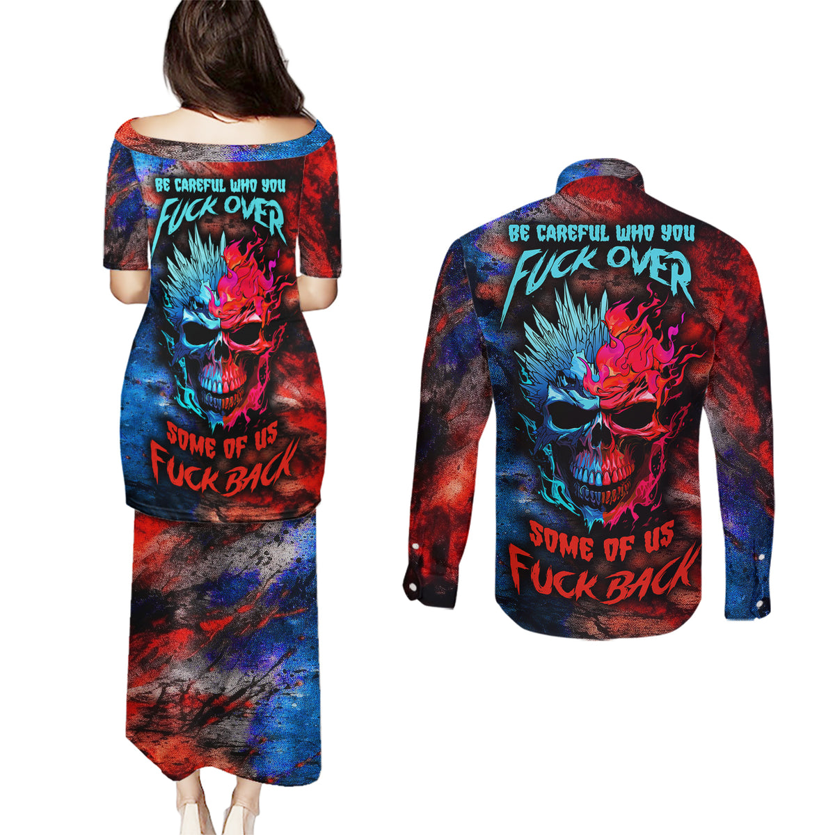Be Careful Skull Couples Matching Puletasi Dress and Long Sleeve Button Shirts - Wonder Print Shop