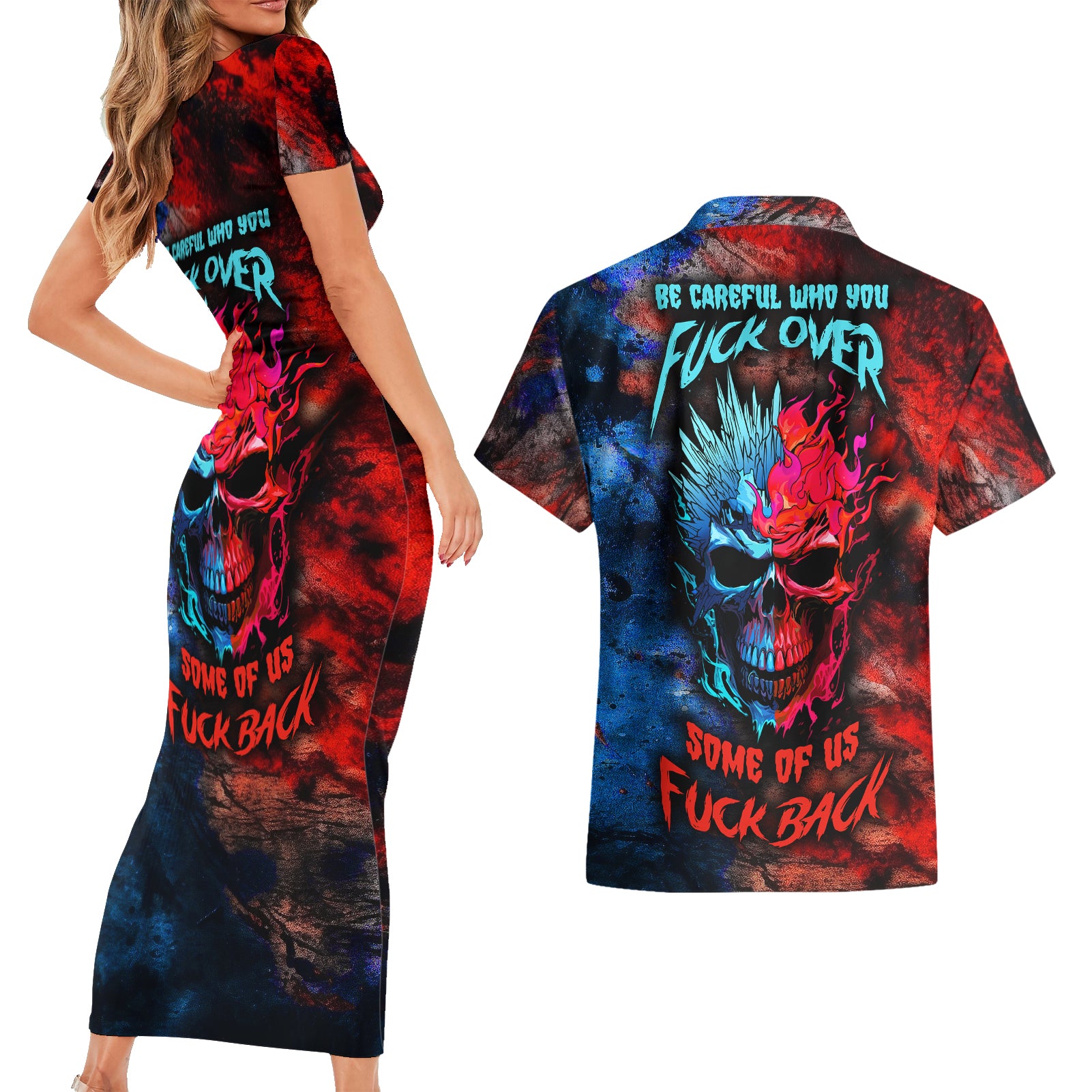 Be Careful Skull Couples Matching Short Sleeve Bodycon Dress and Hawaiian Shirt - Wonder Print Shop