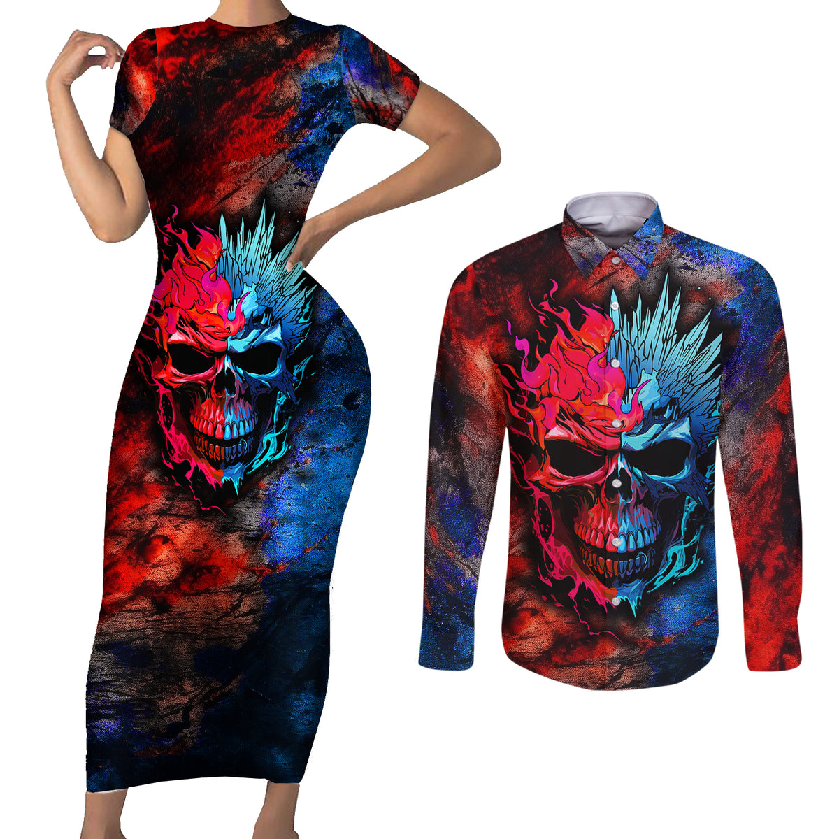 Be Careful Skull Couples Matching Short Sleeve Bodycon Dress and Long Sleeve Button Shirts - Wonder Print Shop
