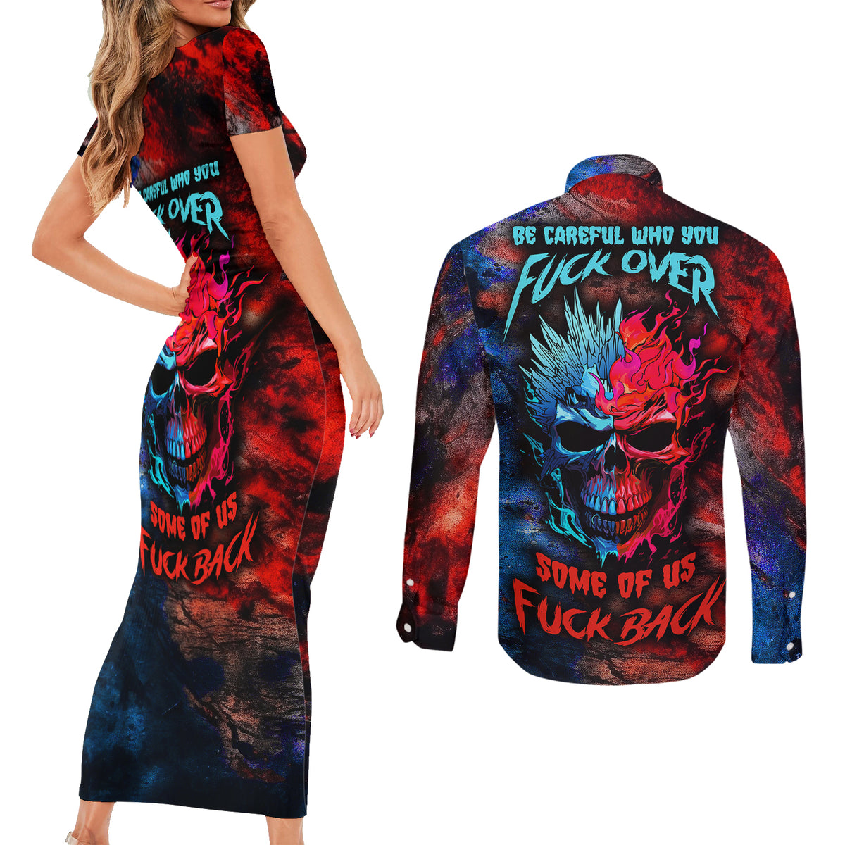 Be Careful Skull Couples Matching Short Sleeve Bodycon Dress and Long Sleeve Button Shirts - Wonder Print Shop