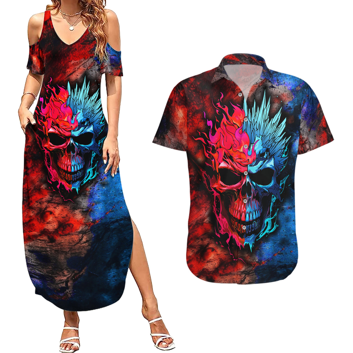Be Careful Skull Couples Matching Summer Maxi Dress and Hawaiian Shirt - Wonder Print Shop