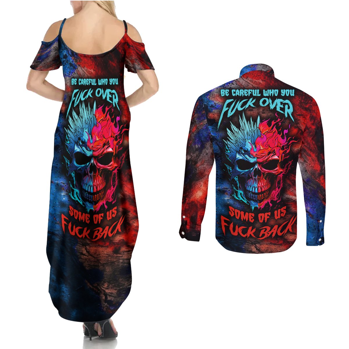 Be Careful Skull Couples Matching Summer Maxi Dress and Long Sleeve Button Shirts - Wonder Print Shop