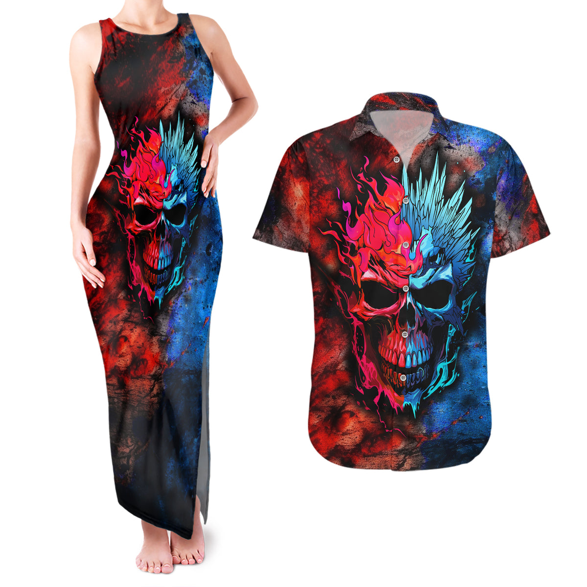 Be Careful Skull Couples Matching Tank Maxi Dress and Hawaiian Shirt - Wonder Print Shop