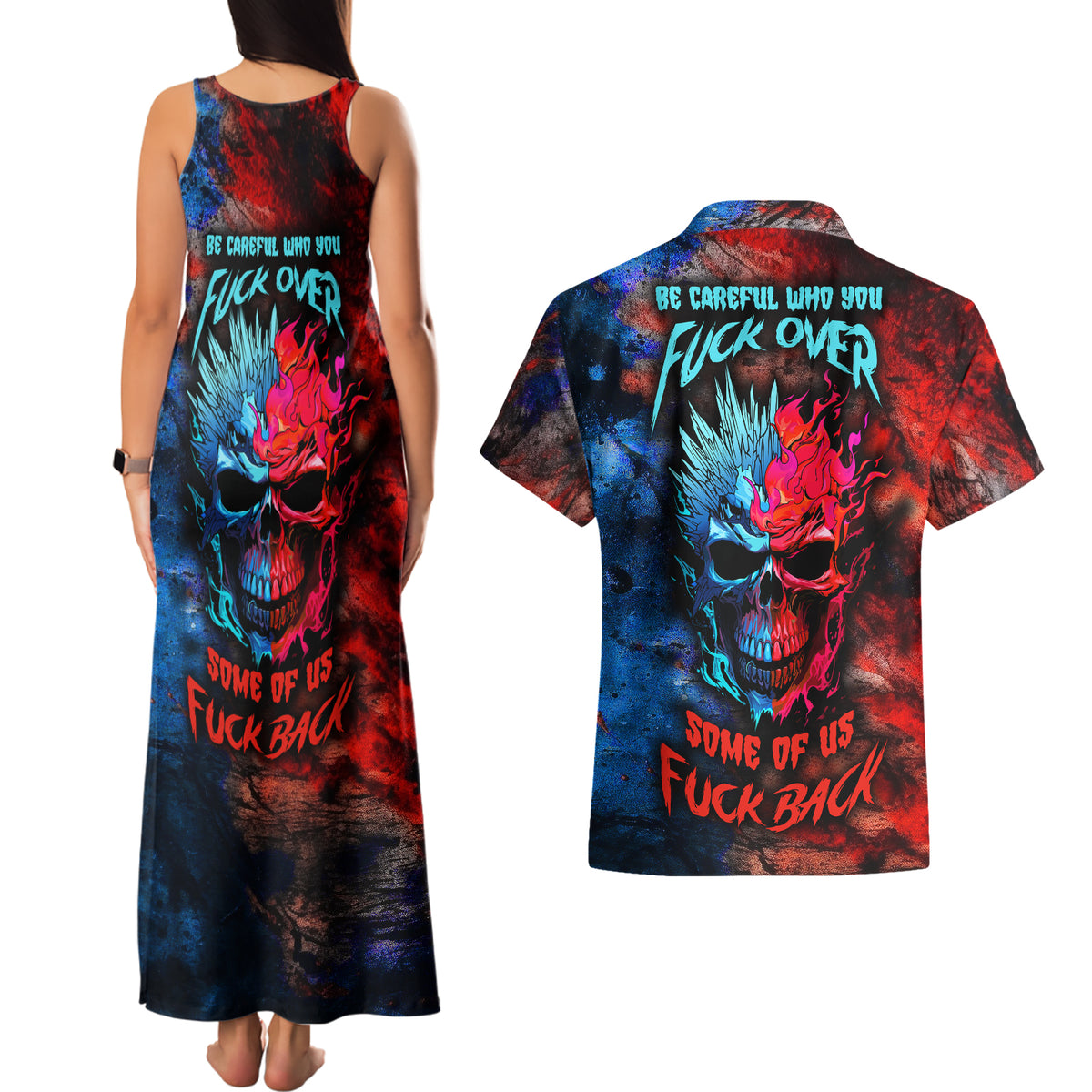 Be Careful Skull Couples Matching Tank Maxi Dress and Hawaiian Shirt - Wonder Print Shop