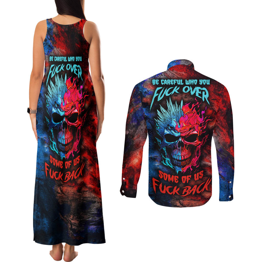 Be Careful Skull Couples Matching Tank Maxi Dress and Long Sleeve Button Shirts - Wonder Print Shop