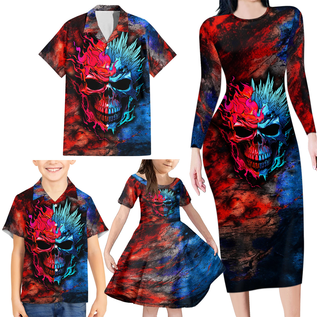 Be Careful Skull Family Matching Long Sleeve Bodycon Dress and Hawaiian Shirt - Wonder Print Shop