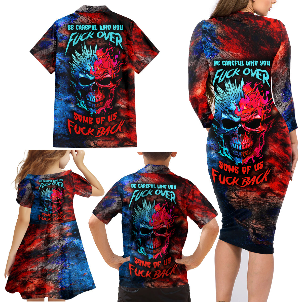 Be Careful Skull Family Matching Long Sleeve Bodycon Dress and Hawaiian Shirt - Wonder Print Shop