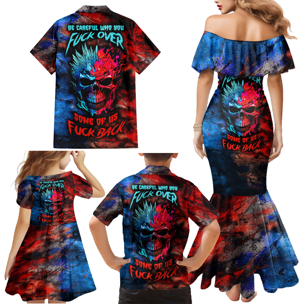 Be Careful Skull Family Matching Mermaid Dress and Hawaiian Shirt - Wonder Print Shop