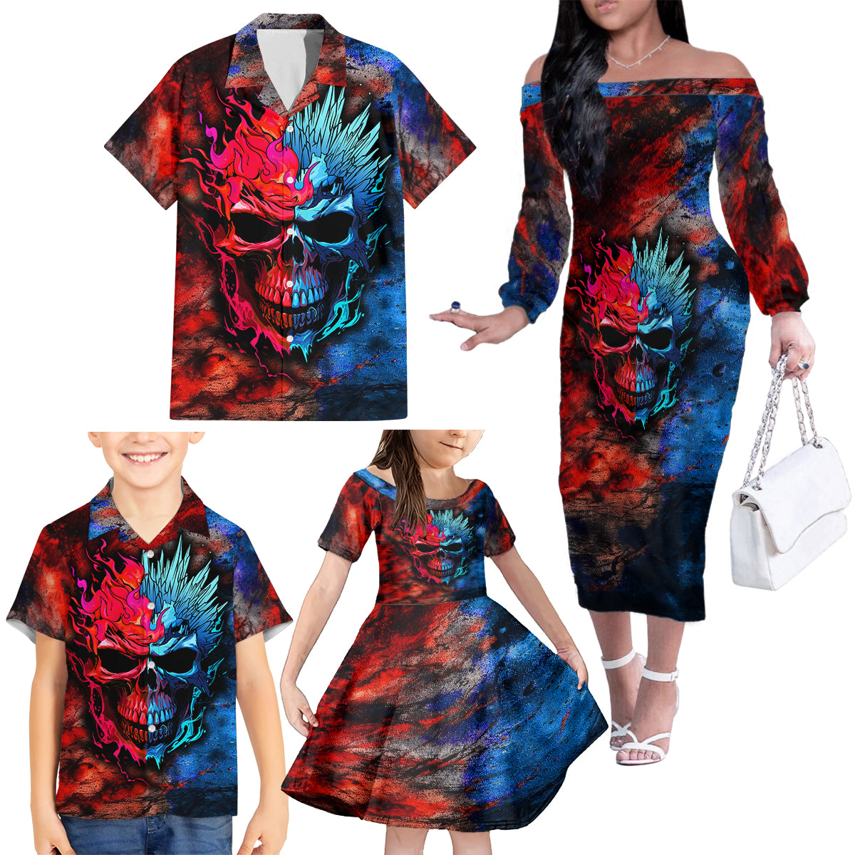 Be Careful Skull Family Matching Off Shoulder Long Sleeve Dress and Hawaiian Shirt - Wonder Print Shop