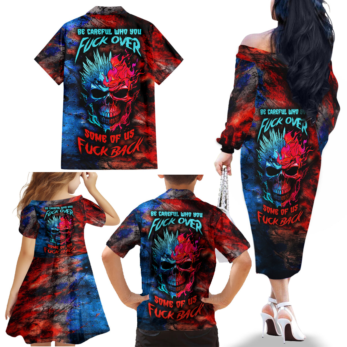 Be Careful Skull Family Matching Off Shoulder Long Sleeve Dress and Hawaiian Shirt - Wonder Print Shop