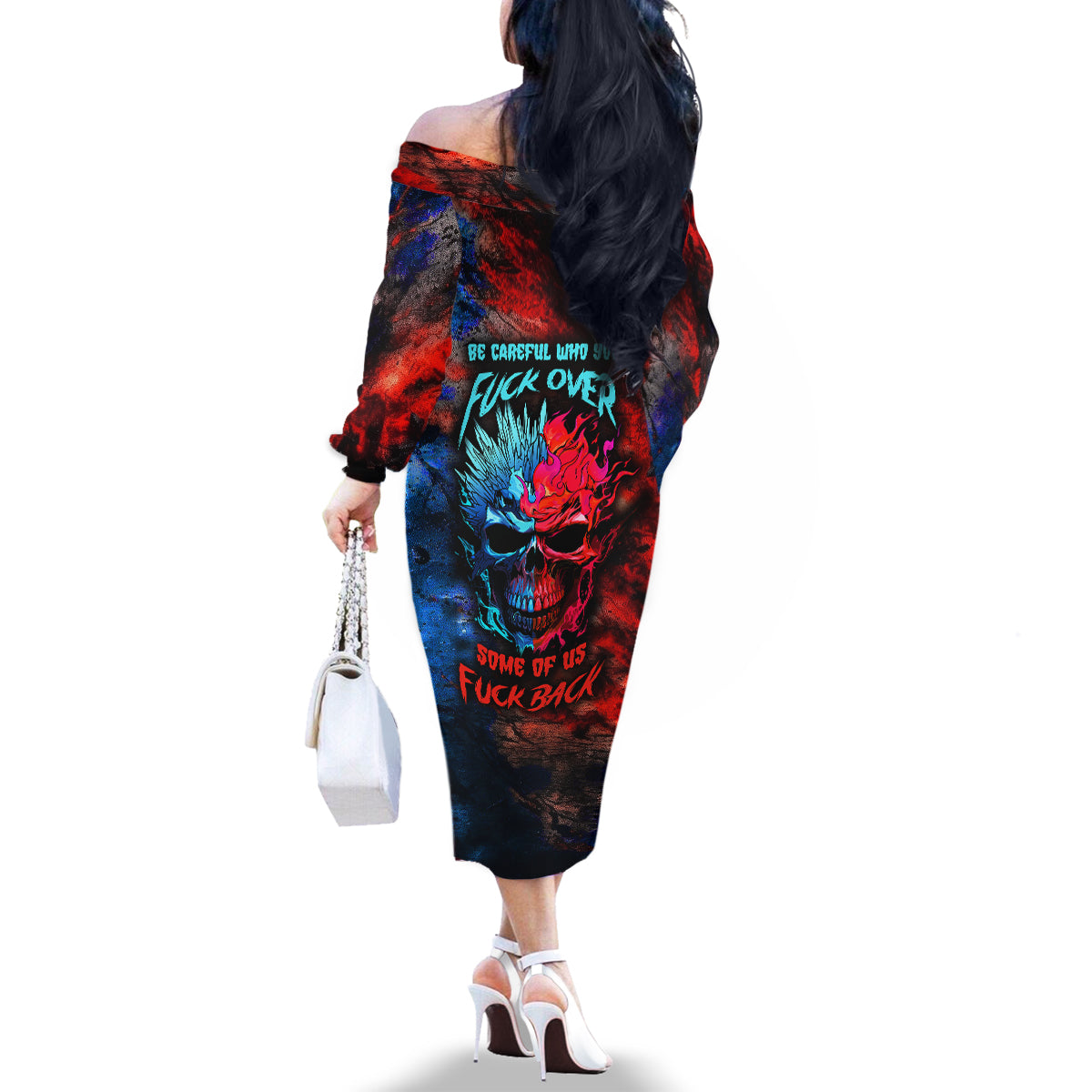 Be Careful Skull Family Matching Off Shoulder Long Sleeve Dress and Hawaiian Shirt - Wonder Print Shop