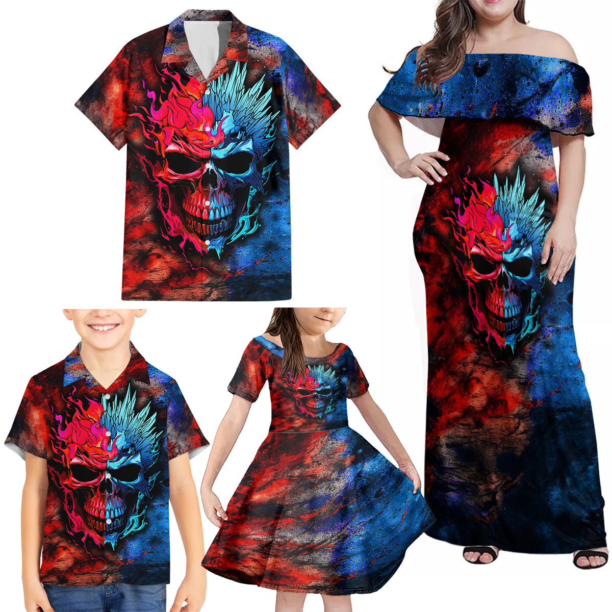 Be Careful Skull Family Matching Off Shoulder Maxi Dress and Hawaiian Shirt - Wonder Print Shop
